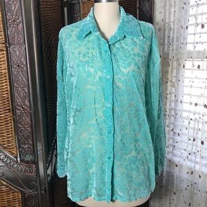 Turquoise Floral Burnout Velvet Button-Down Shirt - Women